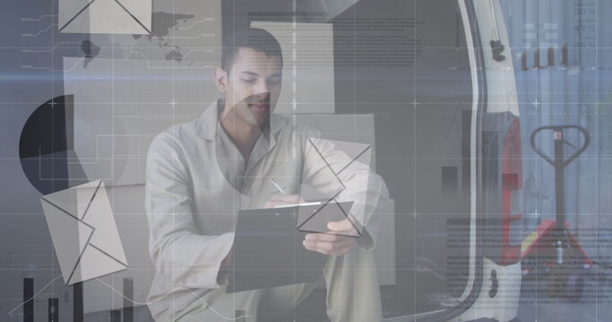 Holding clipboard and pen, delivery worker crouching inside cargo van, with digital overlay icons