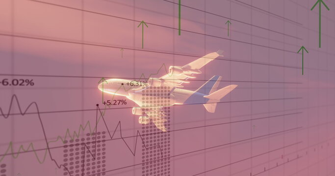 Fototapeta Hovering translucent airplane overlaying chart grid, with line graphs, bars, arrows and percentages