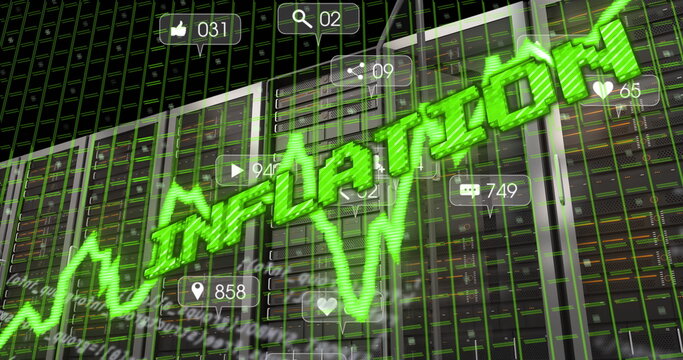 Bright green zigzag inflation line forming INFLATION on dark server grid overlay, with social icons