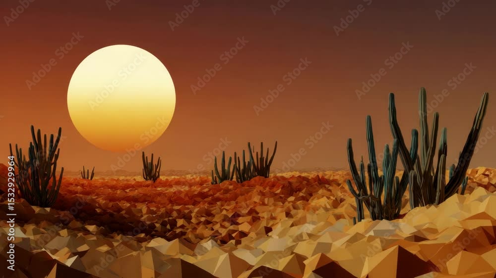 Aufkleber Low poly desert scene with cacti and sunset, done in a simple polygonal style. The background is a gradient from warm orange to deep brown tones, creating an atmosphere reminiscent of the golden hour.