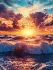 Fototapeta premium A breathtaking image capturing the sunset over the ocean with dramatic clouds and bright rays piercing through the sky. The waves accentuate the scene's tranquility and majesty.