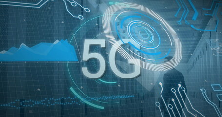 Standing shadowy man in suit at staircase in corporate lobby, with glowing 5G hologram, copy space