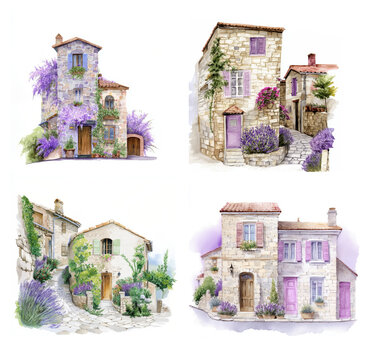 Fototapeta Street with stone houses and lavender, watercolor clipart illustration with isolated background.