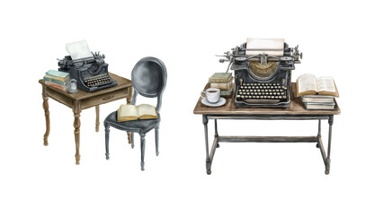 A table with a typewriter and an open book and a chair, victorian style, watercolor clipart illustration with isolated background.