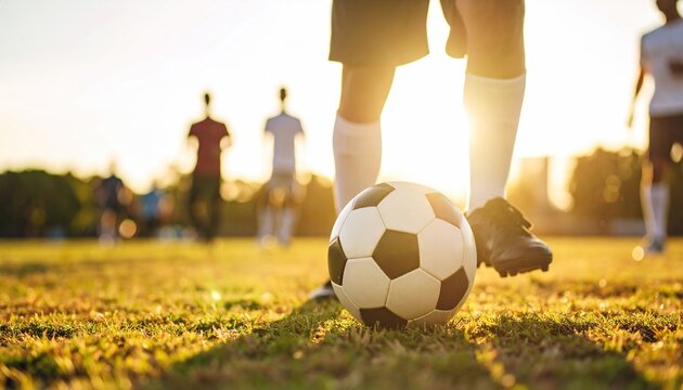 Soccer ball on the grass with player standing behind it at sunset in a field.