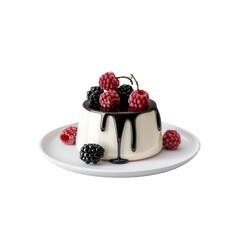 Delicious Creamy Panna Cotta with Fresh Raspberries and Blackberries and Chocolate Drizzle