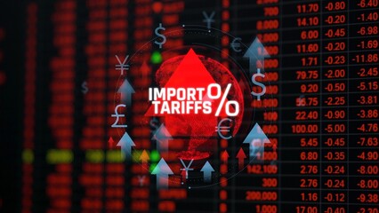 Global Import Tariffs Displayed on a Stock Market Board with Percentage Figures and Digital Effects...