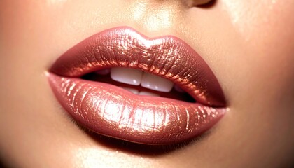 Naklejka premium Close-up of lips with shiny, shimmering peach-toned lip color and visible white teeth.