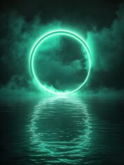 Glowing neon circle reflecting on water surface with foggy clouds at night. Futuristic portal ring with green light in dark mystical atmosphere. Abstract digital art concept