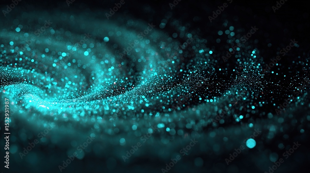 Poster glowing cyan swirl with digital data points in abstract space background