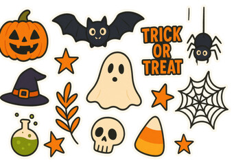 Halloween-themed stickers featuring a carved pumpkin. Bat. Ghost. Witch hat. Potion. Skull. Candy corn. Spider. Spiderweb. And the phrase trick or treat on a transparent background