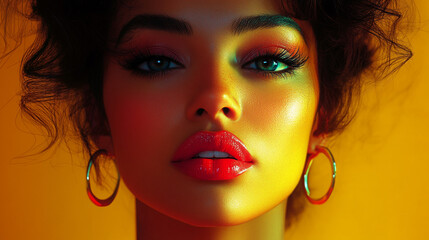 Woman with colorful makeup, studio portrait, light and shadow play