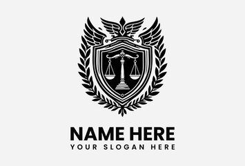 Fototapeta premium Detailed black and white legal emblem featuring a balance scale on a shield, flanked by olive branches and topped with an eagle. Law firm concept