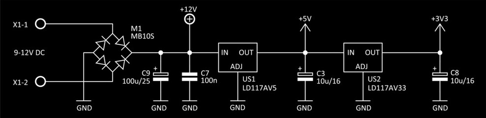 Technical schematic diagram of electronic device
- power supply unit. Vector drawing electrical circuit with 
 integrated circuit, capacitor, resistor, diode, 
voltage stabilizer, other components.