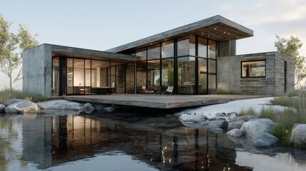 Obraz premium Contemporary Concrete and Stone House Reflecting in Calm Water