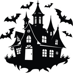haunted house, silhouette, bats, halloween, spooky, eerie, night scene, creepy, vector illustration, gothic, dark, scary, holiday, castle, architecture, building-Adobe Illustrator Artwork