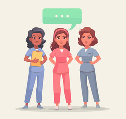 Fototapeta premium Team of Nurses: Three confident nurses in different colored scrubs stand together, ready to provide care and support. A speech bubble above them suggests a discussion or teamwork.