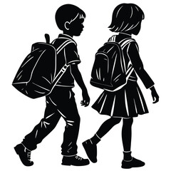 vector illustration, school children, boy, girl, walking, backpacks, education, childhood, school, journey, friendship, black and white, silhouette-Adobe Illustrator Artwork