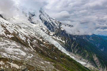 Amazing view of the Glacier des Bossons . Bossons Glacier in Mont Blanc Massif, Haute Savoie, French Alps, Chamonix, Europe