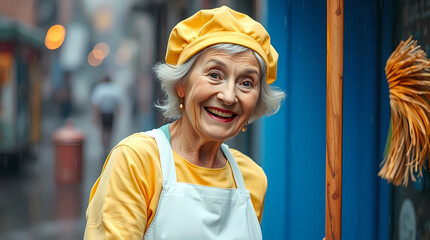 Funny Elderly Cleaning Lady Dancing with Broom on Blue Background, Full Body Portrait with Quirky Expression and Playful Pose  Generative AI