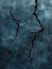 Obraz premium Digital illustration of a dark, cracked surface with intricate black fissures against a muted blue backdrop.