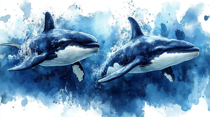 Watercolor Orca Whales Swimming in Abstract Ocean
