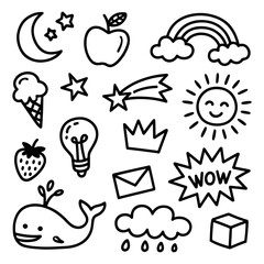 Hand drawn doodle set with moon and rainbow theme