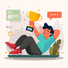Achievement Illustration: A person reclines contentedly, clutching a golden trophy, symbolizing accomplishment and victory in a vibrantly illustrated scene.