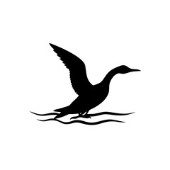 Black silhouette of a cormorant taking flight from the water surface, minimalist design