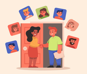 Welcome and Collaboration: A bright illustration depicts the dynamic process of a new hire entering, symbolizing cooperation.