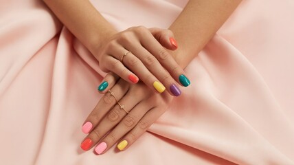 Fototapeta premium Woman s hands with colorful nails and gold rings on pink fabric