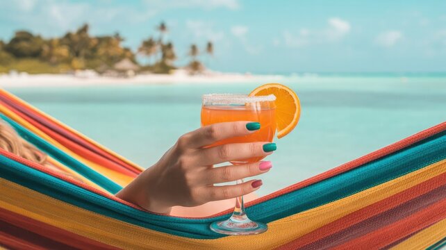 Relaxing in a colorful hammock on a tropical beach with a refreshing orange cocktail