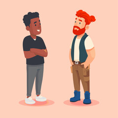 Fototapeta premium Harmonious Discussion: Two men with distinctive styles engage in a friendly and relaxed conversation, their body language conveying open communication and mutual respect.