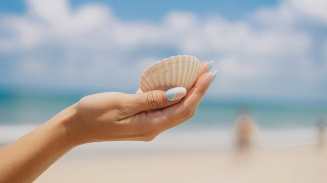 Woman s hand holding a seashell on a beach with a blurred ocean background - Powered by Adobe