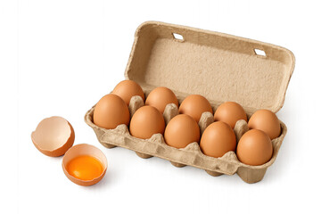 Carton of a dozen eggs, uniform in size and color, arranged in rows, isolated on transparent background.