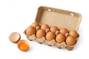 Carton of a dozen eggs, uniform in size and color, arranged in rows, isolated on transparent background.