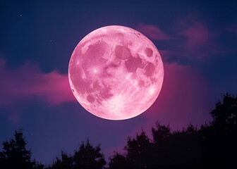 Obraz premium Vibrant pink moon with hazy edges and crater details dominates the night sky. A lone gnarled oak tree silhouettes against it on a softly sloped hill, creating a surreal and moody scene.