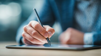 Hand writing with black stylus on digital tablet, illustrating modern digital note-taking and design workflow