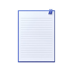 Blank lined notepad with paperclip for notes, isolated on white background.
