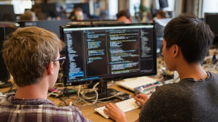 Two young software developers working collaboratively on code in a busy open-plan office, multiple monitors with syntax-highlighted code, daytime