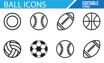 Editable ball icons featuring various sports such as soccer, basketball, and volleyball.