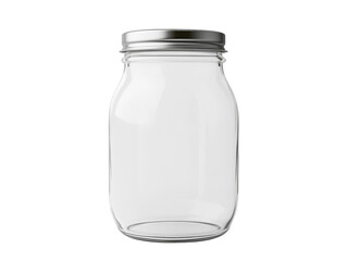 Clear glass jar with metal lid isolated on white background, perfect for storage and preservation projects.
