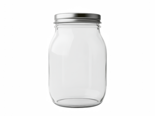 Clear glass jar with metal lid isolated on white background, perfect for storage and preservation projects.