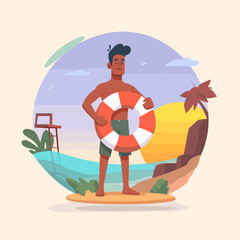 Lifeguard on Duty: A cartoon illustration features a lifeguard standing confidently on a beach, holding a life preserver, ready to ensure safety and security.