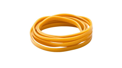 Naklejka premium Close-up of a coiled yellow rubber band isolated on white background for versatile design use.