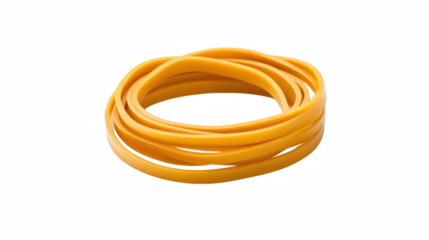 Close-up of a coiled yellow rubber band isolated on white background for versatile design use.