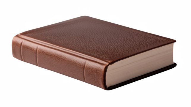 Closed brown leather book isolated on white background, symbolizing knowledge and literature.