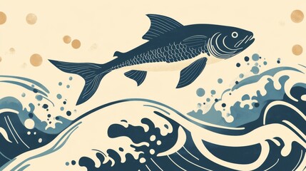 Obraz premium A stylized fish leaps above ocean waves. The design emphasizes fishing as a hobby and sport, showcasing dynamic movement and aquatic elements.