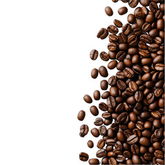 Obraz premium Close-up of coffee beans scattered on white background, highlighting texture and rich brown tones.