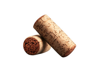 Close-up of two wine corks on white background, showcasing texture and detail, perfect for wine-related themes.